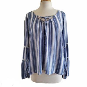 Hollister Womens Stripe Tie Front Bohemian Long Bell Sleeve Tunic Top Size L